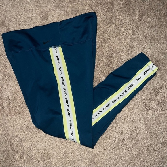 Nike Dri Fit Leggings Teal Striped White Neon Yellow Logo On Leg Size Large - Picture 3 of 15